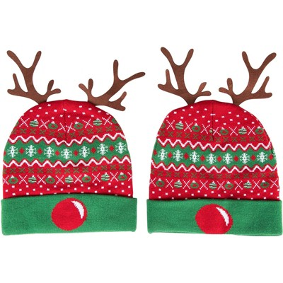 Juvale 2 Pack Beanie Hat, Reindeer Antler Cuffed Fold Party Hats, Adults Size