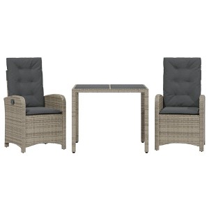vidaXL 3 Piece Patio Dining Set - Reclining Chairs, Cushions, Tempered Glass Table - Durable Poly Rattan, Gray - Outdoor Garden/Patio Furniture - 1 of 4