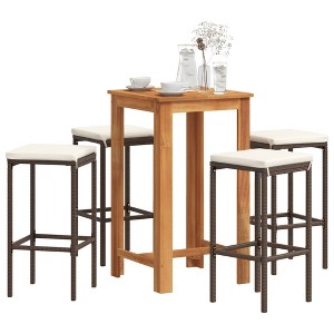 vidaXL 5-Piece Patio Bar Set with Square Solid Acacia Wood Table and PE Rattan Bar Stools - Brown, Cream-White Cushions - 1 of 4