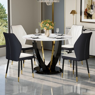 5-Piece Dining Table Set Dining Set with Round Faux Marble Dining Table and 4 PU Upholstered Chairs with Widened Backrest, Black+White/Gray-ModernLuxe