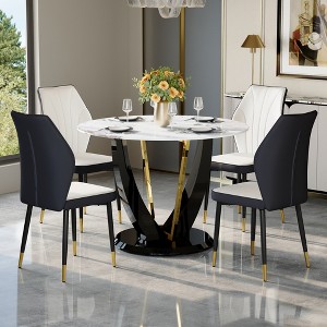 5-Piece Dining Table Set Dining Set with Round Faux Marble Dining Table and 4 PU Upholstered Chairs with Widened Backrest, Black+White/Gray-ModernLuxe - 1 of 4