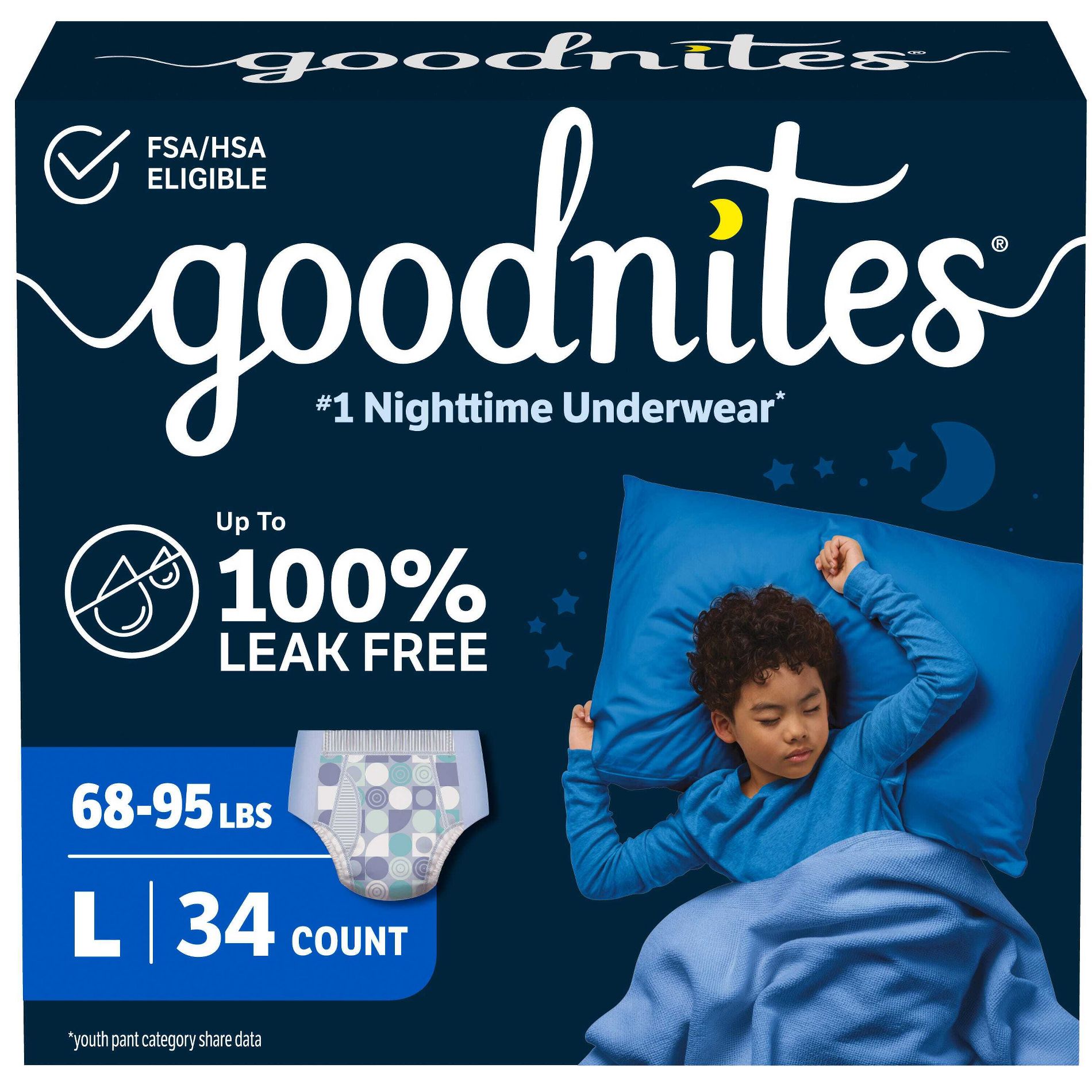 Goodnites Boys' Nighttime Bedwetting Disposable Underwear - Size L - 34ct: Hypoallergenic, Odor Control, Latex-Free Design
