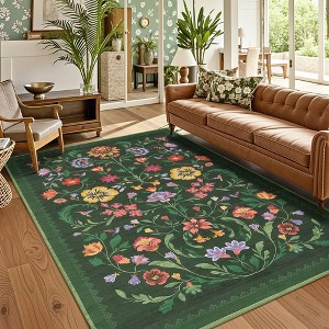 Modern Floral Printed Area Rugs Machine Washable Soft Non Slip Farmhouse Carpet Stain Resistant Low Pile Rug for Kitchen Living Room Laundry Bedroom - 1 of 4