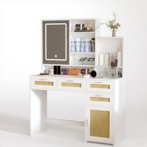 Gulches Makeup Vanity with 3 - Color Lights, Openable Mirror, 4 Drawers, 1 Cabinet & Shelves, Rattan Vanity Dresser for Bedroom - 1 of 4