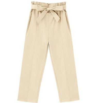 Girls High Waist Paperbag Pants Casual Fit Tapered Trousers with Pockets