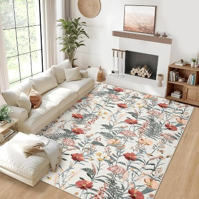 Floral Runner Rug Washable, Non-Slip Low Pile Carpet, Foldable Non-Shedding Rug for Kitchen, Hallway, Entryway, Laundry