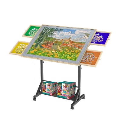 Vynxaria Folding Tables - Adjustable Height and Angle Puzzle Table with Storage Drawers and Wheels, White /Black Finish