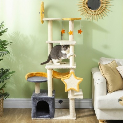 DOMETOUR 63 Inch Cute Cat Tree Cat Tower for Kitty, Cat Climbing Frame with Scratching Post, Cat Condo, Plush Perch, Hammock