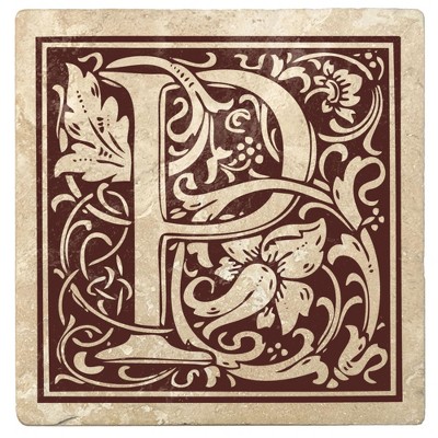 Christmas by Krebs Set of 4 Ivory and Brown "P" Square Monogram Coasters 4"