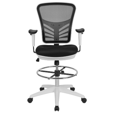 ErgoFlex Black Mesh Drafting Chair with Adjustable Arms and White Frame