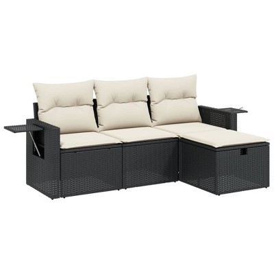 vidaXL 4 Piece Patio Sofa Set with Cushions Black and Cream Poly Rattan - without storage