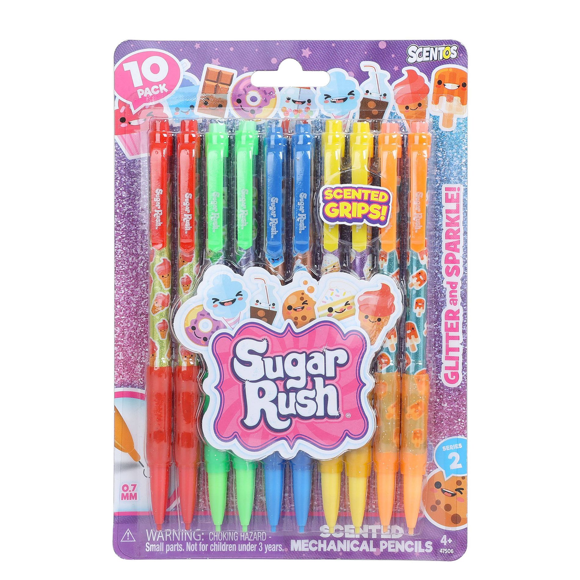 Sugar Rush 10ct 2 Scented Mechanical Pencils Glitter Gifting: 0.7mm Erasable Kids Smelly Stationery