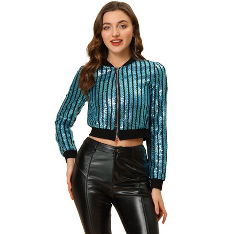 INSPIRE CHIC Women's Glitter Sparkle Long Sleeve Front Zip Party Shiny Crop Bomber Sequin Jackets Blue Small