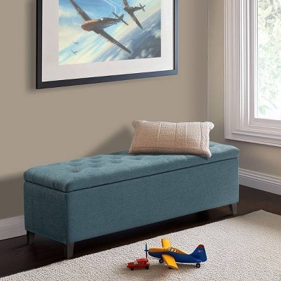 Peacock Blue Tufted Top Birch Storage Bench