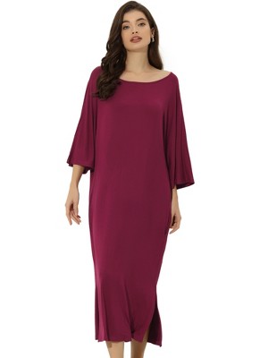 cheibear Women's Soft Three Quarter Sleeve Solid Slit Hem Pajama Dress