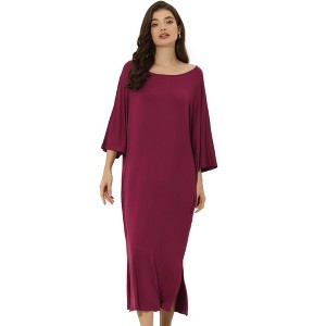 cheibear Women's Soft Three Quarter Sleeve Solid Slit Hem Pajama Dress - 1 of 4