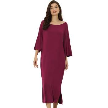 cheibear Women's soft Three Quarter Sleeve Solid Slit Hem Pajama Dress