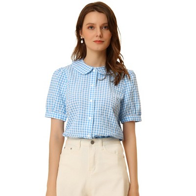 Allegra K Women's Plaid Gingham Puff Short Sleeve Peter Pan Collar Button Down Shirt