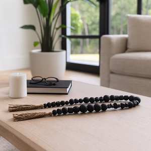 Bohemian Wooden Beads with Tassels and Mixed Shapes - Garland Ideal for Living Room, Bedroom, Coffee Table, or Shelf Decor - 2" Black & Brown - 1 of 4