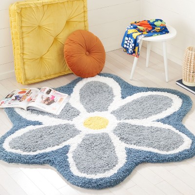 Ivory and Blue Floral Handmade Round Wool Rug