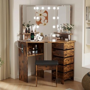 Makeup Vanity Desk with Mirror and Lights, Corner Vanity Table with Stool, 5 Rotating Drawers, Adjustable Brightness, Storage Shelves - 1 of 4