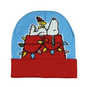 Peanuts Beanie Adult Snoopy and Woodstock Christmas Cuff Knit Light Up Hat Blue - 1 of 4