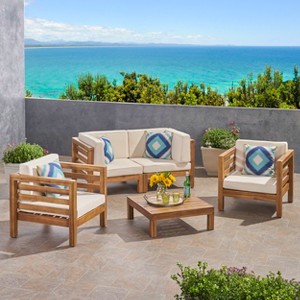 Christopher Knight Home Rachel Outdoor 5 Piece Acacia Wood Conversation Set with Coffee Table and Cushions - 1 of 4