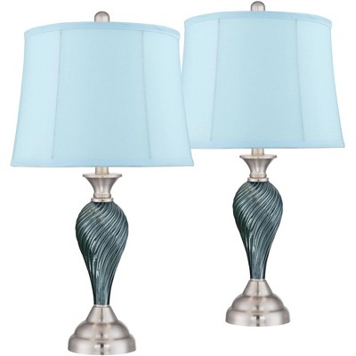 Regency Hill Coastal Modern Table Lamps Set of 2 Green-Blue Glass Brushed Nickel Blue Softback Drum Shade for Living Room Bedroom