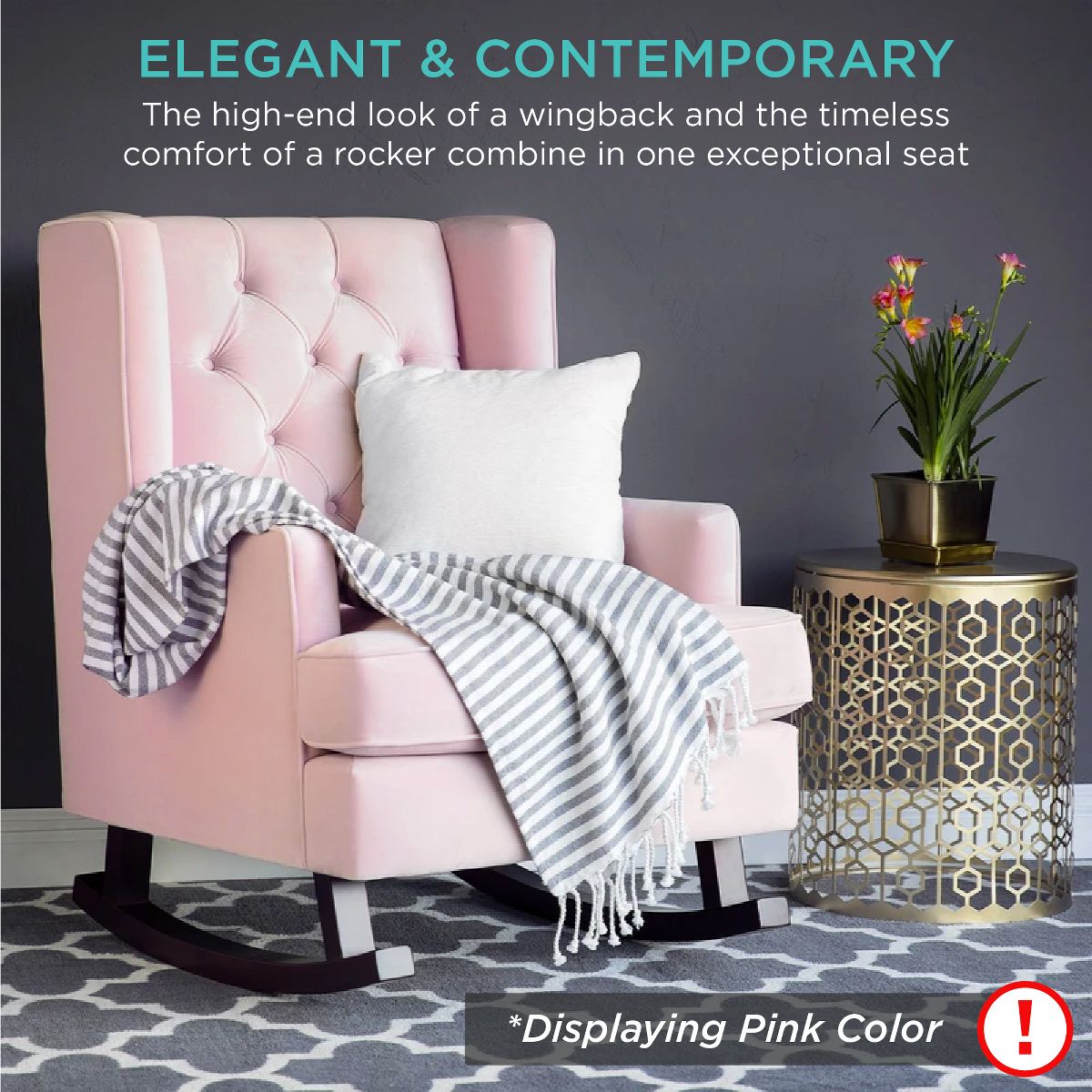 Best Choice Products Rocking Accent Chair, Tufted Upholstered Wingback for Home, Nursery w/ Wood Frame - Gray - thumbnail 6