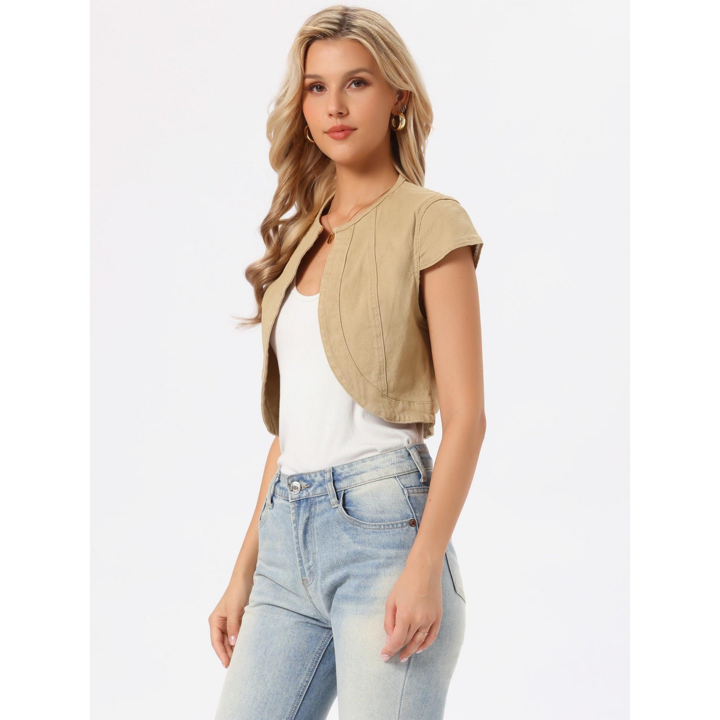 Женская куртка INSPIRE CHIC Cap Sleeve Slim Fit Summer Open Front Crop Denim Jacket Medium Khaki, цвет: Джинсовый — фото 2