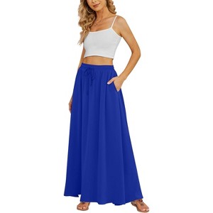 Women's Flowy High-Waist Maxi Skirt - Summer Pleated Long Skirt with Pockets Royal Blue - 1 of 4
