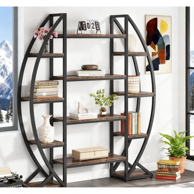 Gulches Industrial Bookshelf, Oval Triple Wide Etagere Bookcase Display Shelves for Living Room