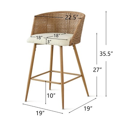 Beige Boucle Upholstered Rattan Counter Stools with Oak Legs, Set of 2