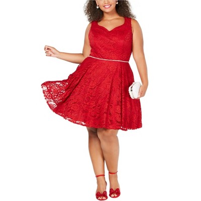 City Studio Womens Embellished Trim Fit & Flare Dress, Red, 18W