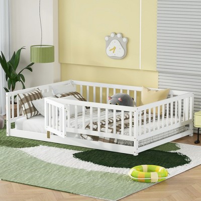 NicBex Kids Montessori Bed with Door,Modern Floor Bed with Fence,Twin/Full Size Toddler bed for Bedroom Playroom,White/Brown