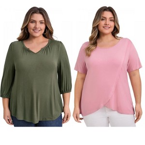 GRACE & GRANDEUR Women's Plus Size 2 Pcs Set Notch Neck 3/4 Sleeve Shirts and Crossover Tulip Hem Blouses - 1 of 4