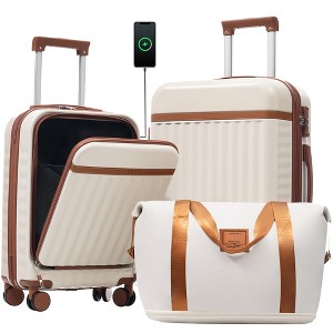 NAYSAYE Front Opening Luggage Set 3 Piece Hardside Carry on Suitcase with USB Port Expandable TSA Lock Spinner Wheels,  White, 15.7"*10"*25.39" - 1 of 4