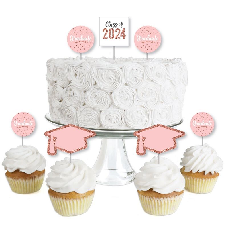 Big Dot of Happiness Rose Gold Grad - Dessert Cupcake Toppers - 2024 Graduation Party Clear Treat Picks - Set of 24, 1 of 8