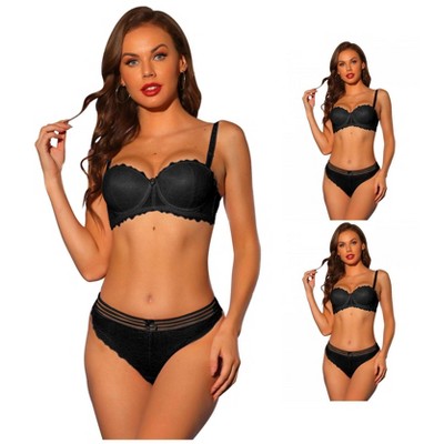 INSPIRE CHIC Women's Lace Balconette Underwire Bras Padded Bras and Panty Set 3 Packs