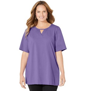 Catherines Women's Plus Size Suprema Pleat-Neck Tee - 1 of 4