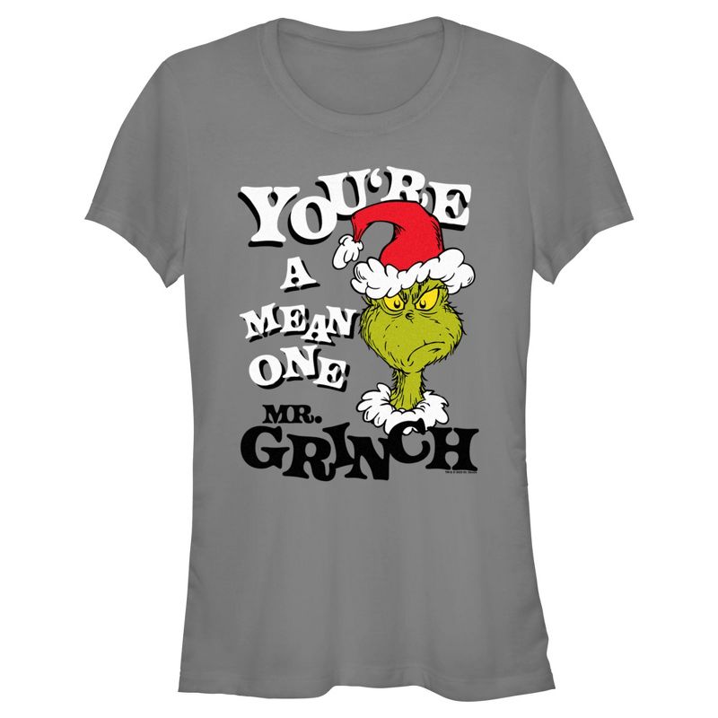 Juniors Womens Dr. Seuss Christmas The Grinch You're a Mean One Portrait T-Shirt, 1 of 5