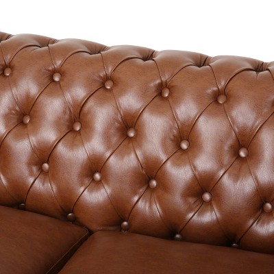 Cognac Brown Faux Leather Chesterfield Loveseat with Nailhead Trim