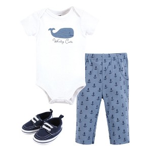 Hudson Baby Infant Boy Cotton Bodysuit, Pant and Shoe Set, Whaley Cute Anchor - 1 of 4