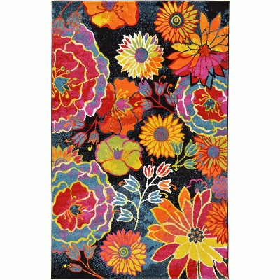 Black Floral Synthetic Rectangular Indoor Area Rug