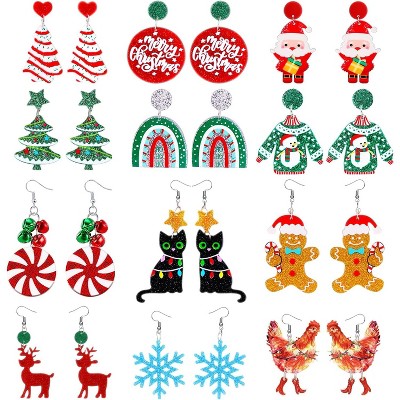 12 Pairs Holiday Earrings for Women & Teens, Christmas Themed Acrylic Stud & Dangle Gift Set.