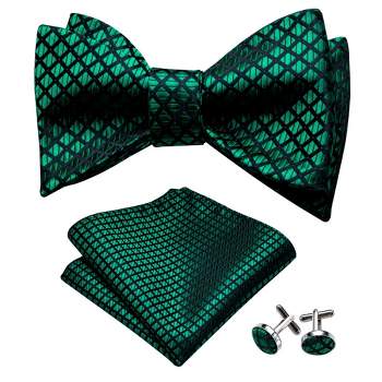 Men's Green Plaid 100% Silk Self Tie Bow Tie Pocket Square Cufflinks Set