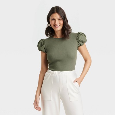 Women's Ribbed Puff Short Sleeve Blouse - A New Day™ Olive XL