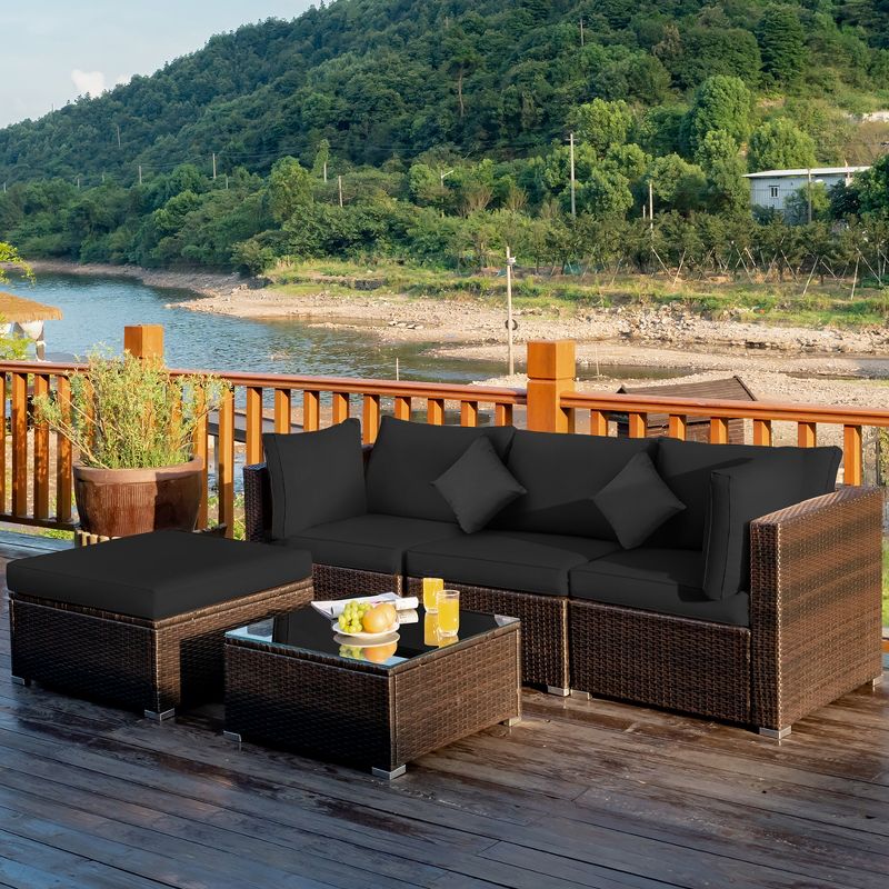 Costway 5PCS Outdoor Patio Rattan Furniture Set Sectional Conversation Turquoise\Navy\Black Cushion, 1 of 11