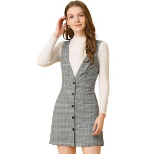 Allegra K Women's V Neck Gingham Check Pinafore Overalls Suspenders Plaid Print Dress - 1 of 4
