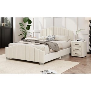 DOMETOUR Queen Size Velvet Upholstered Platform Bed Vertical Channel Tufted Headboard and Footboard, No Box Spring Needed, Beige - 1 of 4